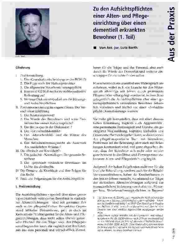 Vorschauseite 1: Zu den Aufsichtspflichten einer Altenund Pflegeeinrichtung über einen dementiell erkrankten Bewohner (1. Teil)