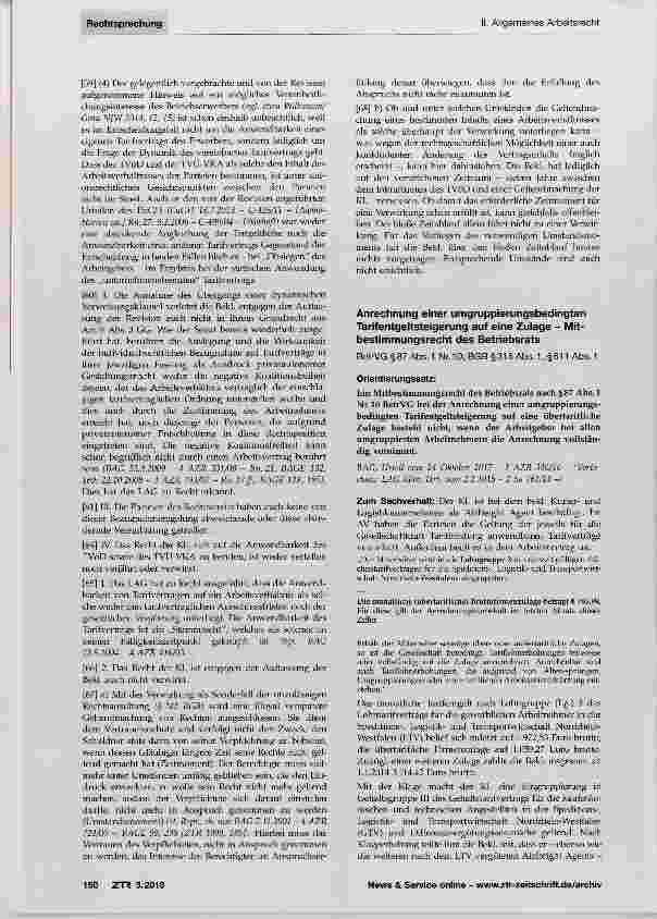 Vorschauseite 1: Anrechnung einer umgruppierungsbedingten Tarifentgeltsteigerung auf eine Zulage Mitbestimmungsrecht des Betriebsrats
