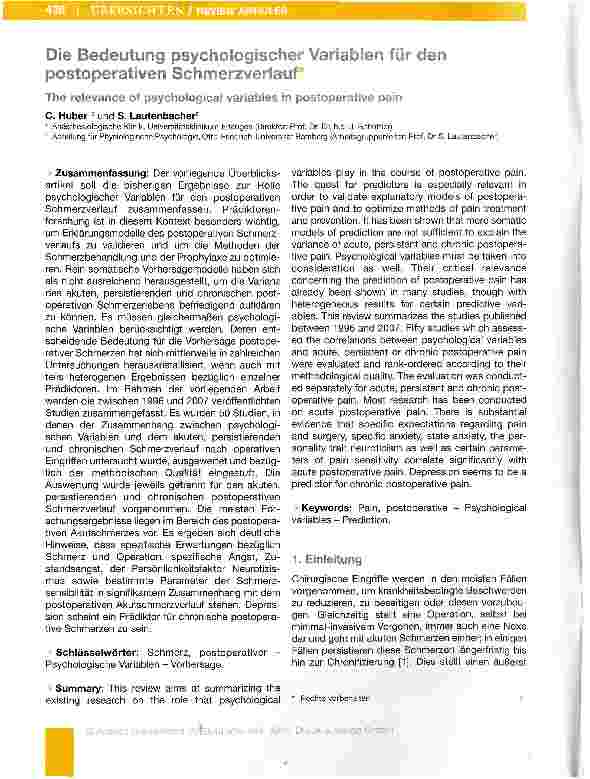 Vorschauseite 1: Die Bedeutung psychologischer Variablen für dien postoperativen Schmerzverfauf