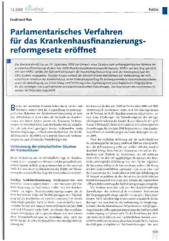 Vorschauseite 1: Parlamentarisches Verfahren für das Krankenhausfinanzierungsreformgesetz eröffnet