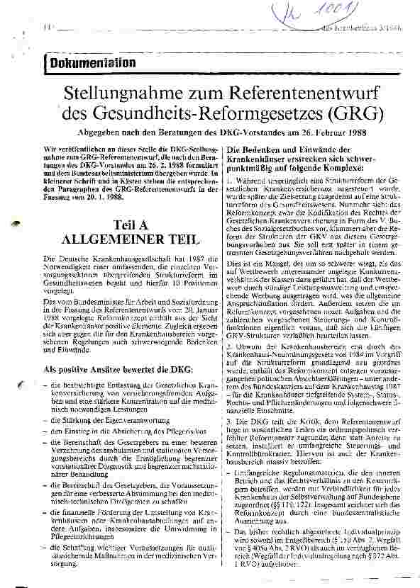 Vorschauseite 1: Stellungnahme zum Referentenentwurf des Gesundheits-Reformgesetzes (GRG)