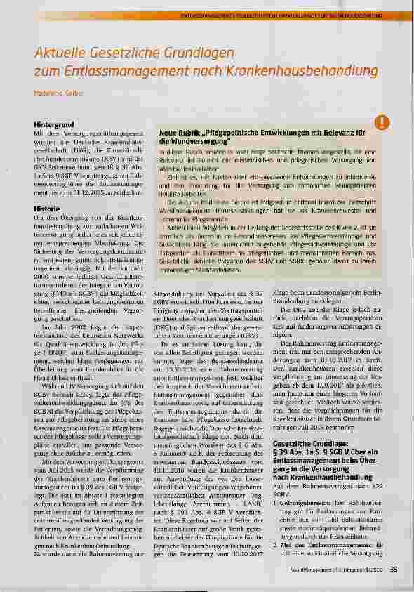 Vorschauseite 1: Aktuelle Gesetzliche Grundlagen zum Entlassmanagement nach Krankenhausbehandlung