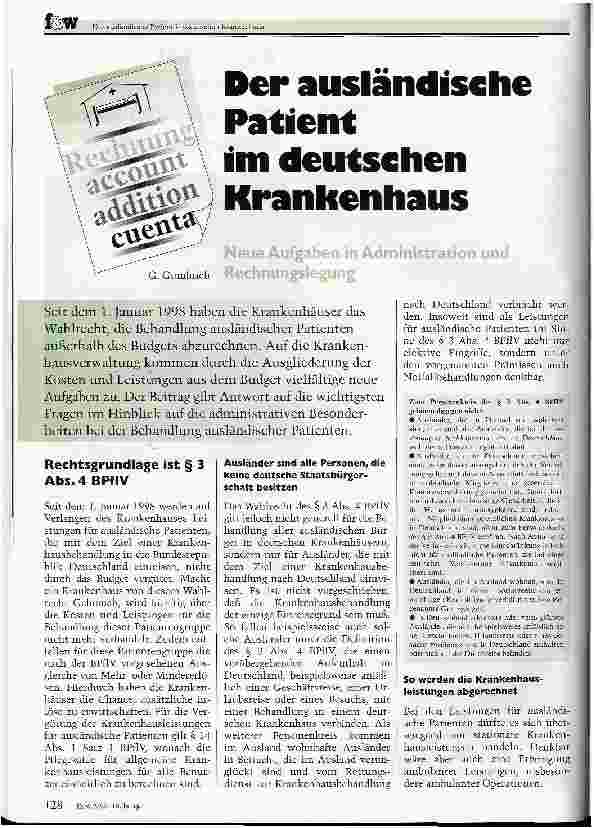 Vorschauseite 1: Der ausländische Patient im deutschen Krankenhaus Neue Aufgaben in Administration und Rechnungslegung