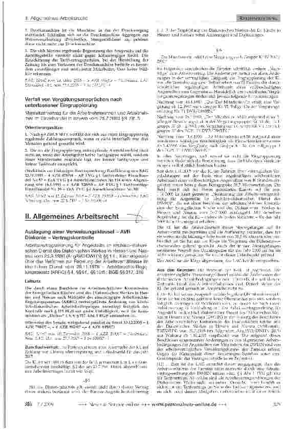 Vorschauseite 1: Allgemeines ArbeitsrechtAuslegung einer Verweisungsklausel - AVR Diakonie - Vertragskontrolle