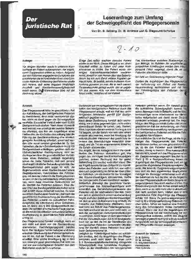 Vorschauseite 1: Leseranfrage zum Umfang der Schweigepflicht des Pflegepersonals Der juristische Rat