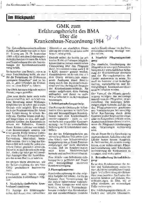Vorschauseite 1: GMK zum Erfahrungsbericht des BMA über die Krankenhaus-Neuordnung 1984