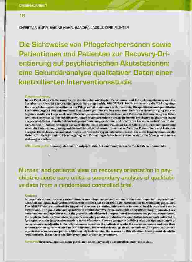 Vorschauseite 1: Die Sichtweise von Pflegefachpersonen sowie Patientinnen und Patienten zur Recovery-Orientierung auf psychiatrischen Akutstationen: eine Sekundäranalyse qualitativer Daten einer k…