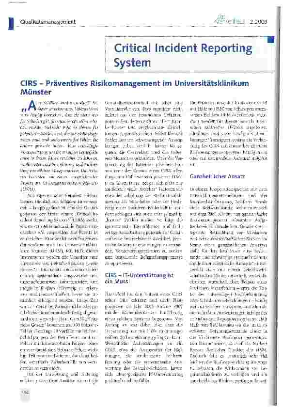 Vorschauseite 1: Critical Incident Reporting System CIRS - Präventives Risikomanagement im Universitätsklinikum Münster