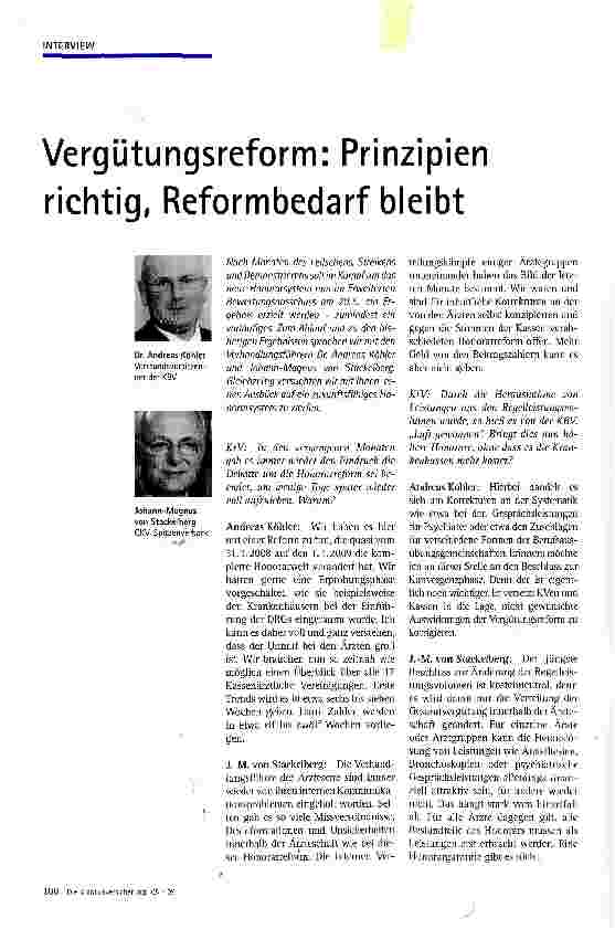 Vorschauseite 1: Vergütungsreform: Prinzipien richtig, Reformbedarf bleibtInterview mit Dr. A. Köhler u. J. -M. von Stackelberg