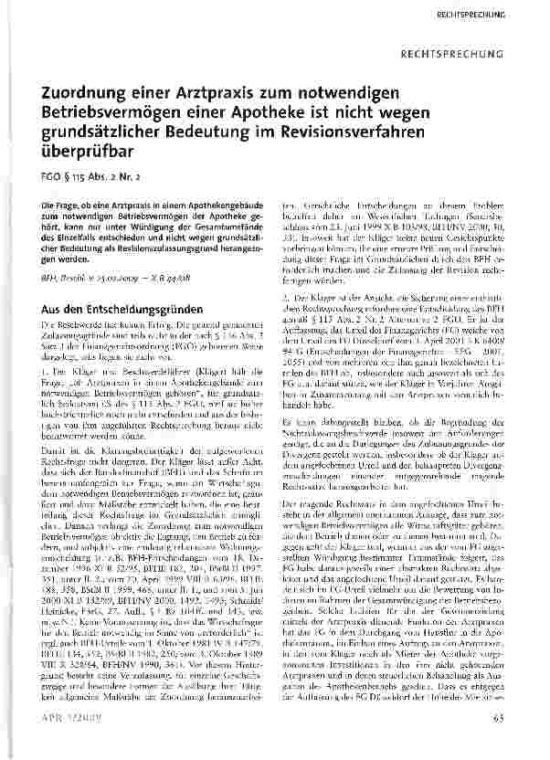Vorschauseite 1: Zuordnung einer Arztpraxis zum notwendigen Betriebsvermögen einer Apotheke ist nicht wegen grundsätzlicher Bedeutung im Revisionsverfahren überprüfbar