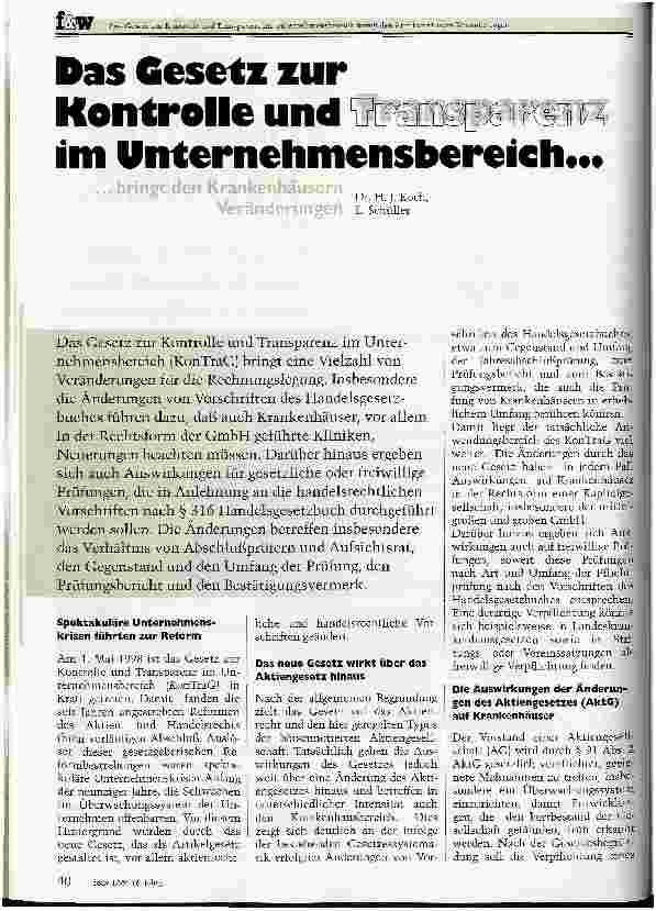 Vorschauseite 1: Das Gesetz zur Kontrolle und Transparenz im Unternehmensbereich... ...bringt den Krankenhäusern Veränderungen
