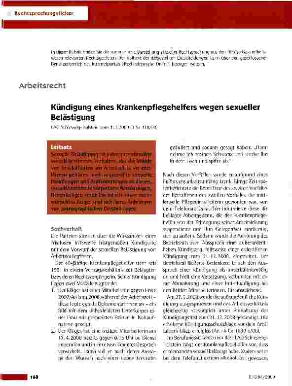 Vorschauseite 1: Kündigung eines Krankenpflegehelfers wegen sexueller Belästigung