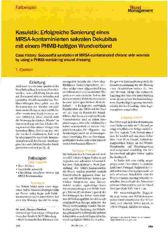 Vorschauseite 1: Kasuistik: Erfolgreiche Sanierung eines MRSA-kontaminierten sakralen Dekubitus mit einem PHMB-haltigen Wundverband