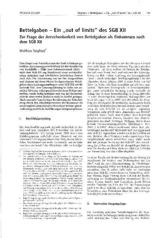 Vorschauseite 1: Bettelgaben - Ein „out of limits des SGB XIIZur Frage der Anrechenbarkeit von Bettelgaben als Einkommen nach dem SGB XII