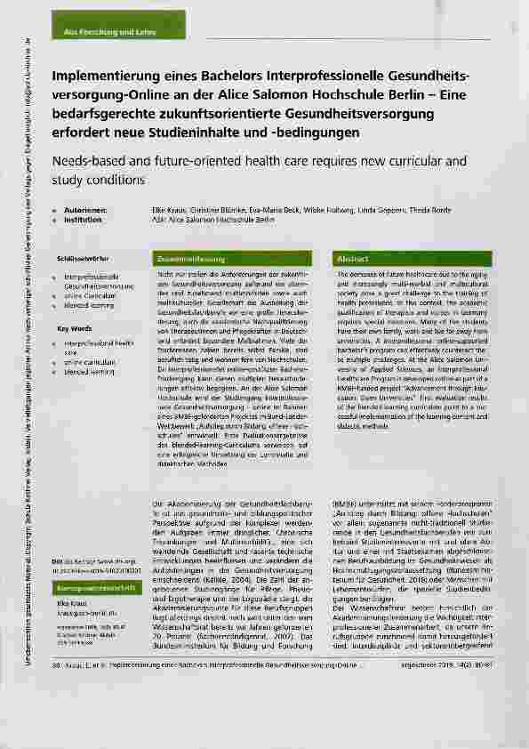 Vorschauseite 1: Implementierung eines Bachelors Interprofessionelle Gesundheitsversorgung-Online an der Alice Salomon Hochschule Berlin - Eine bedarfsgerechte zukunftsorientierte Gesundheitsverso…