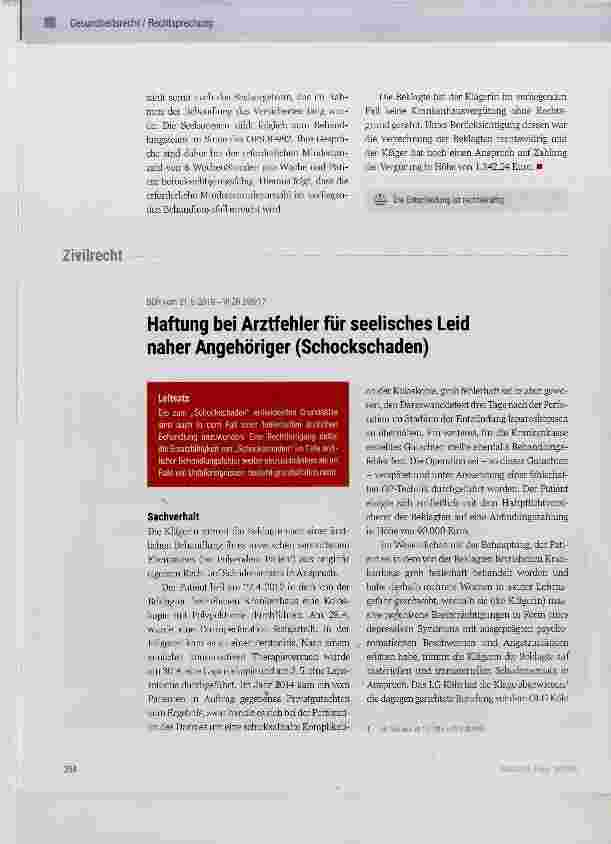 Vorschauseite 1: Haftung bei Arztfehler für seelisches Leid naher Angehöriger (Schockschaden)