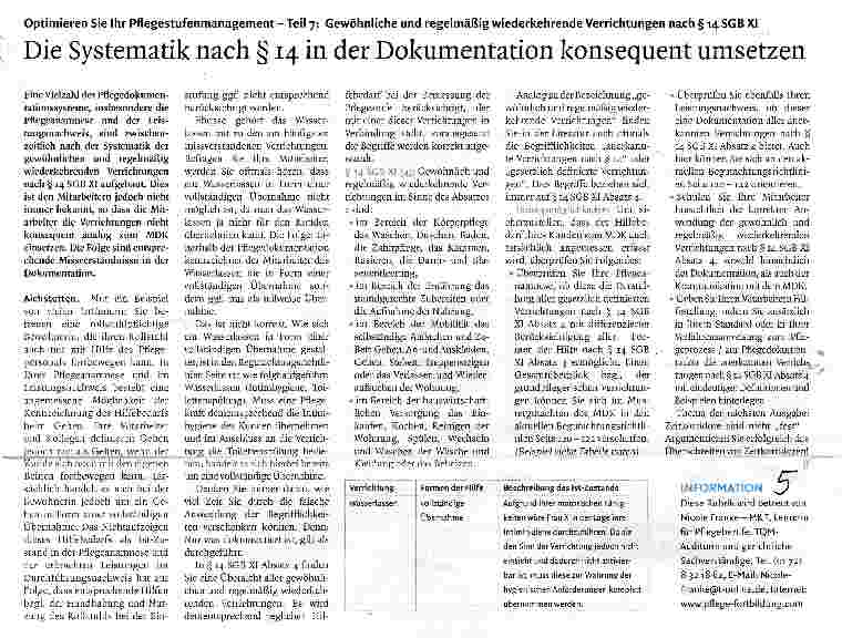 Vorschauseite 1: Optimieren Sie Ihr Pflegestufenmanagement - Teil 7: Gewöhnliche und regelmäßig wiederkehrende Verrichtungen nach § 14 SGB XIDie Systematik nach § 14 in der Dokumentation konsequen…
