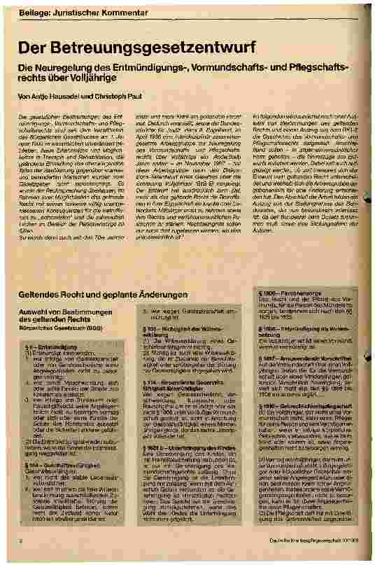 Vorschauseite 1: Der Betreuungsgesetzentwurf Die Neuregelung des Entmündigungsund Vormundschaftsrechts