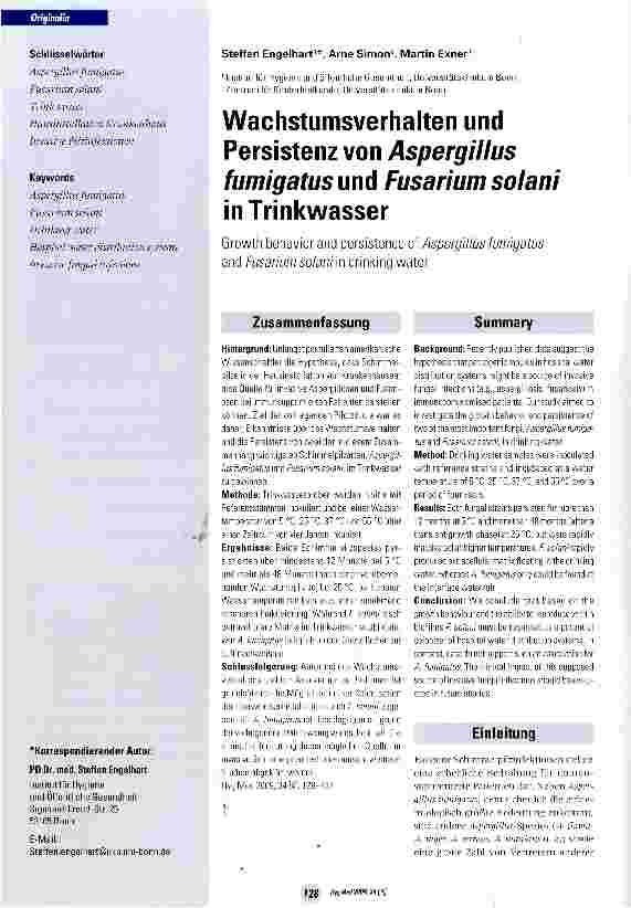 Vorschauseite 1: Wachstumsverhalten und Persistenz von Aspergillus fumigatus und Fusarium solani in Trinkwasser