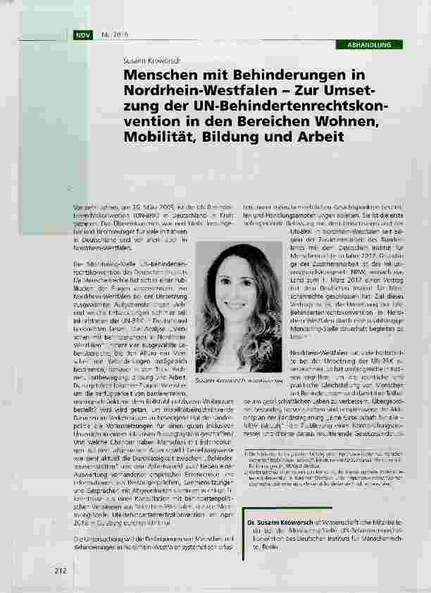 Vorschauseite 1: Menschen mit Behinderungen in Nordrhein-Westfalen - Zur Umsetzung der UN-Behindertenrechtskonvention in den Bereichen Wohnen, Mobilität, Bildung und Arbeit