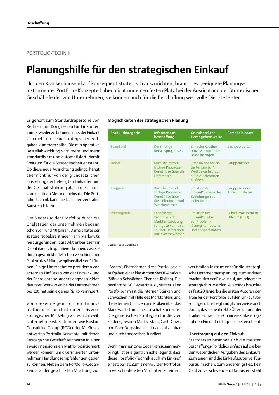 Vorschauseite 1: Portfolio-Technik: Planungshilfe für den Strategischen Einkauf