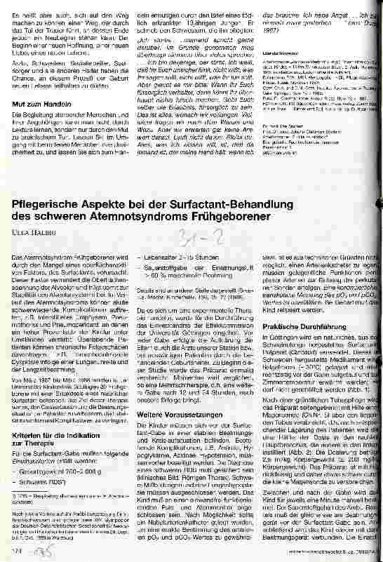 Vorschauseite 1: Pflegerische Aspekte bei der Surfactant-Behandlung des schweren Atemnotsyndroms Frühgeborener