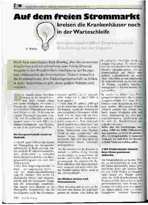 Vorschauseite 1: Auf dem freien Strommarkt kreisen die Krankenhäuser noch in der Warteschleife Energieeinkauf eröffnet Einsparpotentiale