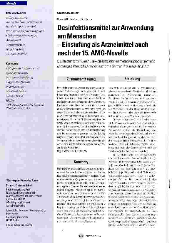Vorschauseite 1: Desinfektionsmittel zur Anwendung am MenschenEinstufung als Arzneimittel auch nach der 15. AMG-Novelle