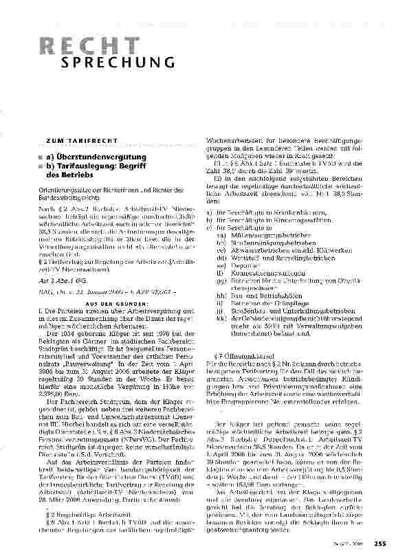 Vorschauseite 1: ZUM TARIFRECHTa) Überstundenvergütungb) Tarifauslegung: Begriff des Betriebs