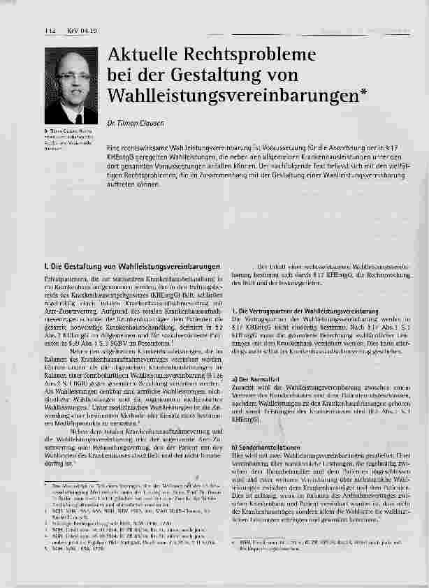Vorschauseite 1: Aktuelle Rechtsprobleme bei der Gestaltung von Wahlleistungsvereinbarungen