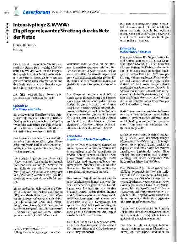 Vorschauseite 1: Intensivpflege & WWW Ein pflegerelevanter Streifzug durchs Netz der Netze