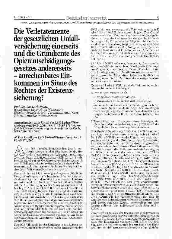 Vorschauseite 1: Die Verletztenrente der gesetzlichen Unfallversicherung einerseits und die Grundrente des Opferentschädigungsgesetzes andererseits - anrechenbares Einkommen im Sinne des Rechtes d…