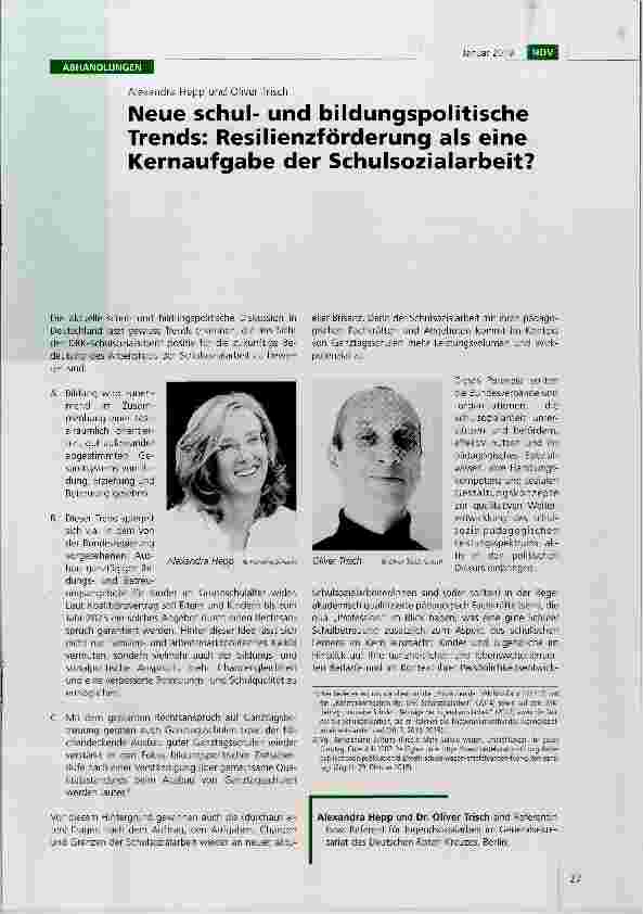 Vorschauseite 1: Neue schulund bildungspolitische Trends: Resilienzförderung als eine Kernaufgabe der Schulsozialarbeit?