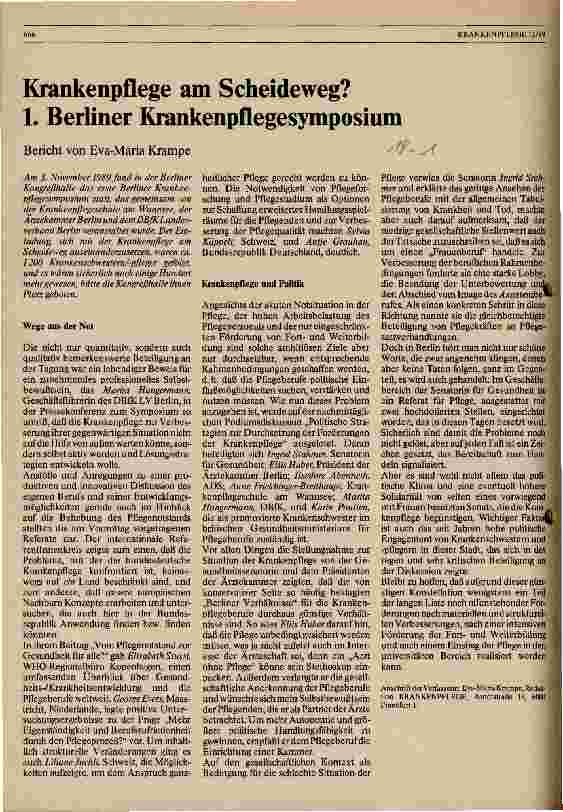 Vorschauseite 1: Krankenpflege am Scheideweg? 1. Berliner Krankenpflegesymposium