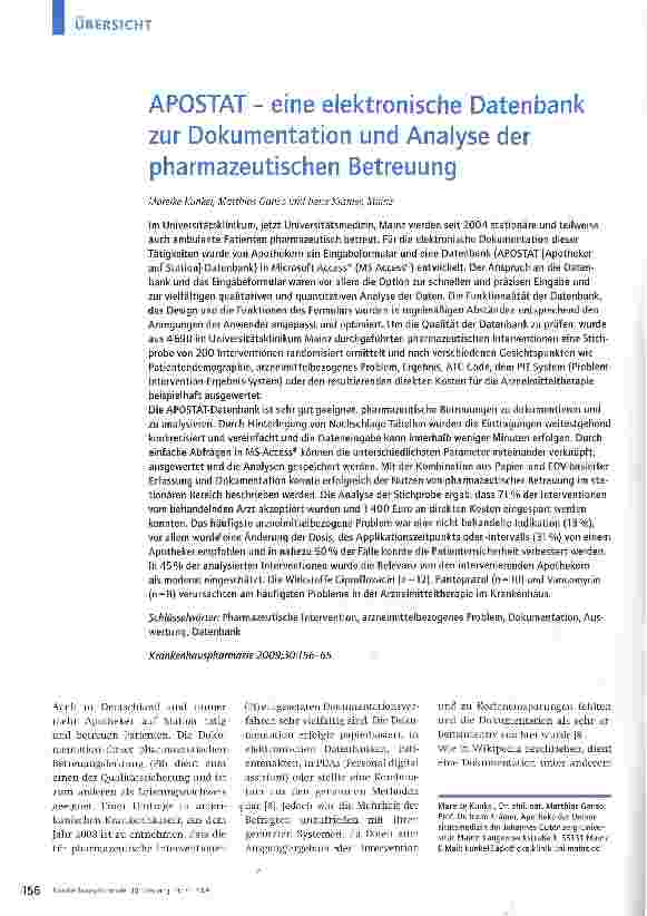 Vorschauseite 1: APOSTAT - eine elektronische Datenbank zur Dokumentation und Analyse der pharmazeutischen Betreuung