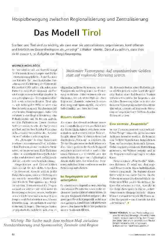 Vorschauseite 1: Hospizbewegung zwischen Regionalisierung und ZentralisierungDas Modell Tirol