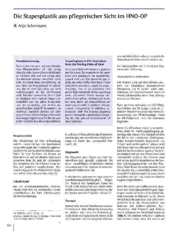 Vorschauseite 1: Die Stapesplastik aus pflegerischer Sicht im HNO-OP
