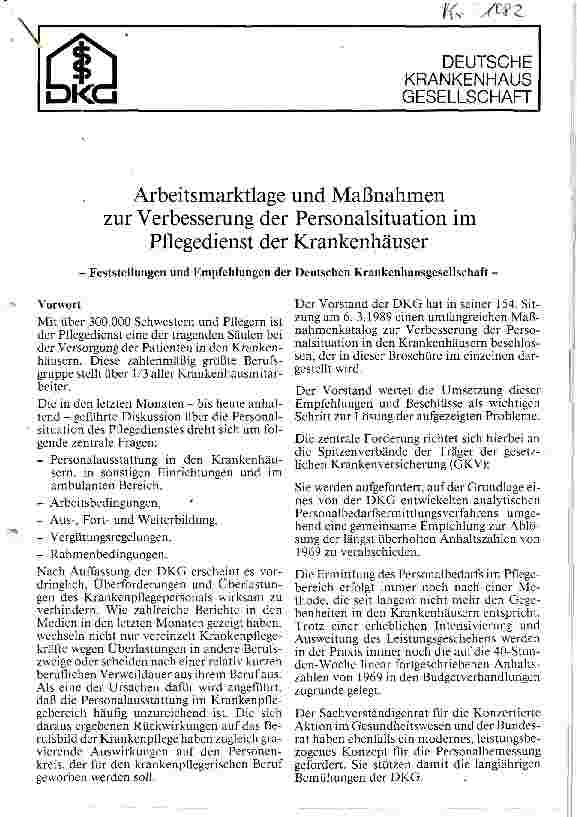 Vorschauseite 1: Arbeitsmarktlage und Maßnahmen zur Verbesserung der Personalsituation im Pflegedienst der Krankenhäuser // Feststellung u. Empfehlung d. DKG
