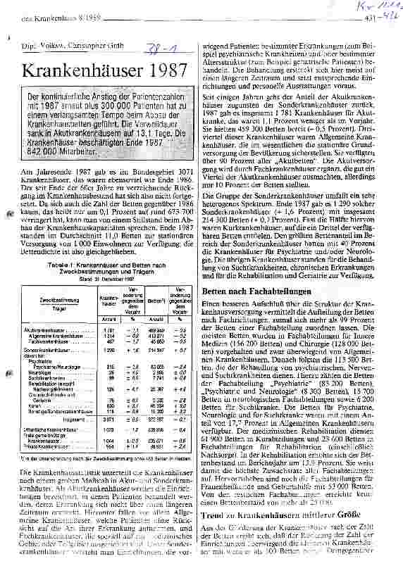 Vorschauseite 1: Krankenhäuser 1987