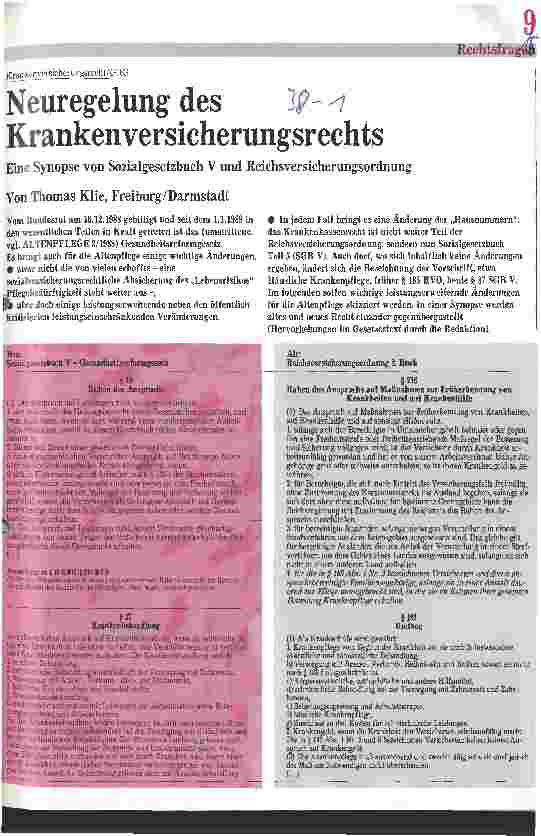 Vorschauseite 1: Neuregelung des Krankenversicherungsrechts Eine Synopse von Sozialgesetzbuch V und Reichsversicherungsordnung