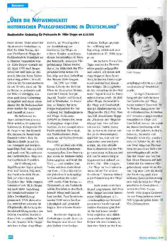 Vorschauseite 1: Über die Notwendigkeit historischer Pflegeforschung in Deutschland Akademischer Gedenktag für Professorin Dr. Hilde Steppe am 6.10.1999