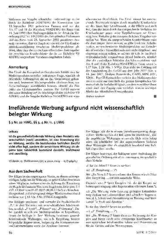 Vorschauseite 1: Irreführende Werbung aufgrund nicht wissenschaftlich belegter Wirkung § 3 Nr. 2a HWG, §§ 3, 4 Nr. 11, 5 UWG