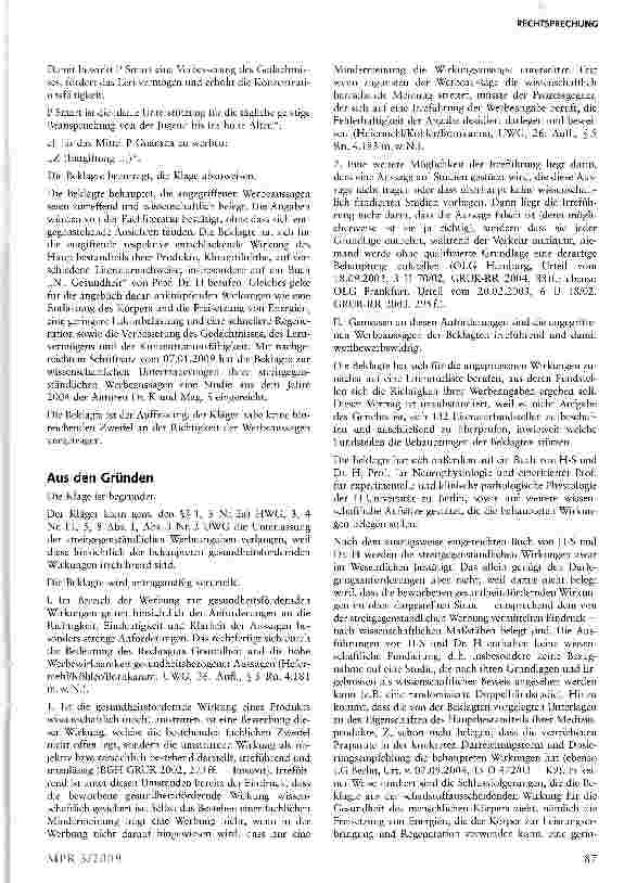 Vorschauseite 2: Irreführende Werbung aufgrund nicht wissenschaftlich belegter Wirkung § 3 Nr. 2a HWG, §§ 3, 4 Nr. 11, 5 UWG