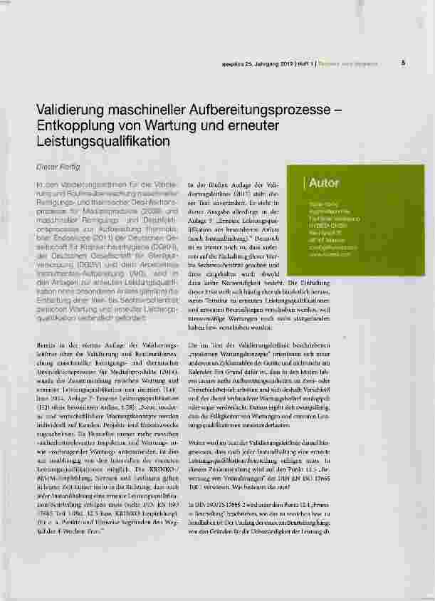 Vorschauseite 1: Validierung maschineller Aufbereitungsprozesse Entkopplung von Wartung und erneuter Leistungsqualifikation
