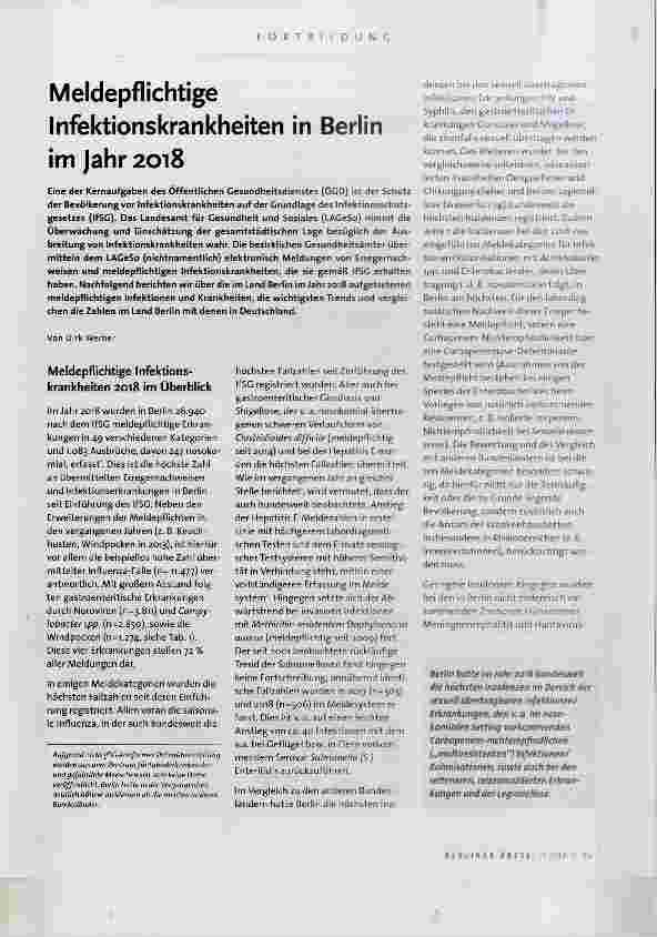 Vorschauseite 1: Meldepflichtige Infektionskrankheiten in Berlin im Jahr 2018