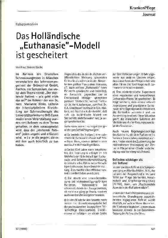 Vorschauseite 1: Das Holländische Euthanasie-Modell ist gescheitert
