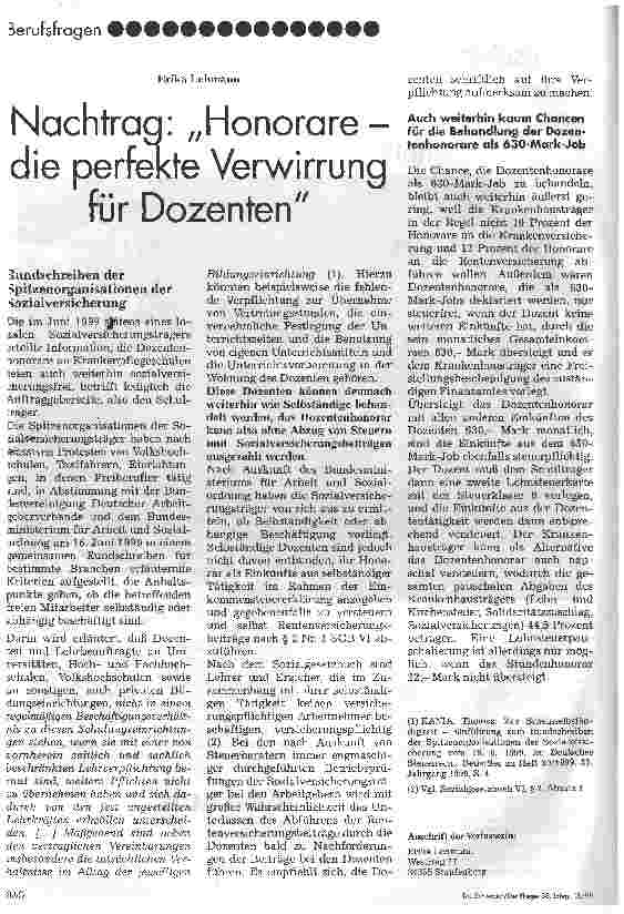 Vorschauseite 1: Nachtrag: Honorare - die perfeke Verwirrung für Dozenten