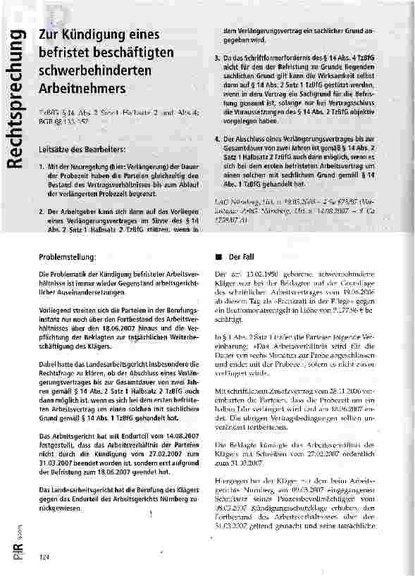 Vorschauseite 1: Zur Kündigung eines befristet beschäftigten schwerbehinderten Arbeitnehmers