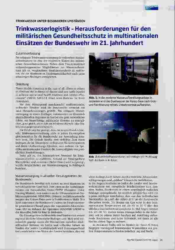 Vorschauseite 1: Trinkwasserlogistik Herausforderungen für den milltärischen Gesundheitsschutz in muitinationaien Einsätzen der Bundeswehr im ZI. Jahrhundert