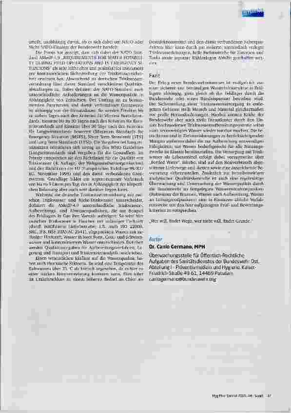 Vorschauseite 3: Trinkwasserlogistik Herausforderungen für den milltärischen Gesundheitsschutz in muitinationaien Einsätzen der Bundeswehr im ZI. Jahrhundert